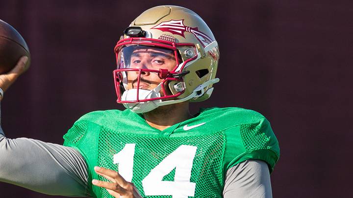 Florida State Seminoles quarterback Ashton Daniels (14) winds up to pass Thursday, April 9, 2026. Florida State Seminoles quarterback Ashton Daniels (14) winds up to pass Thursday, April 9, 2026.