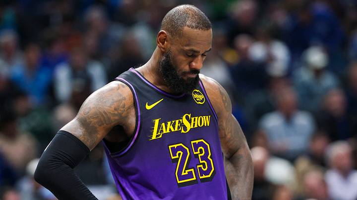 Los Angeles Lakers forward LeBron James (23) reacts during the game against the Dallas Mavericks at American Airlines Center on Jan 7, 2025.
