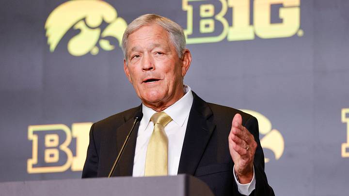 Jul 28, 2026; Chicago, IL, USA; Iowa Football head coach Kirk Ferentz speaks during Media Days at Hilton Chicago. Mandatory Credit: Kamil Krzaczynski-Imagn Images Jul 28, 2026; Chicago, IL, USA; Iowa Football head coach Kirk Ferentz speaks during Media Days at Hilton Chicago. Mandatory Credit: Kamil Krzaczynski-Imagn Images