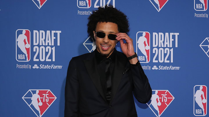 Jul 29, 2021; Brooklyn, New York, USA; Cade Cunningham (Oklahoma State) arrives on the red carpet before the 2021 NBA Draft at Barclays Center. Mandatory Credit: Brad Penner-Imagn Images