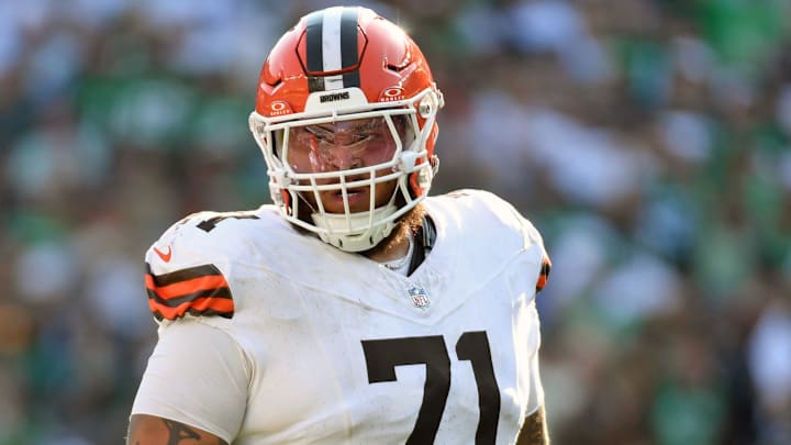 Former Cleveland Browns offensive tackle Jedrick Wills Jr. (71) against the Philadelphia Eagles at Lincoln Financial Field