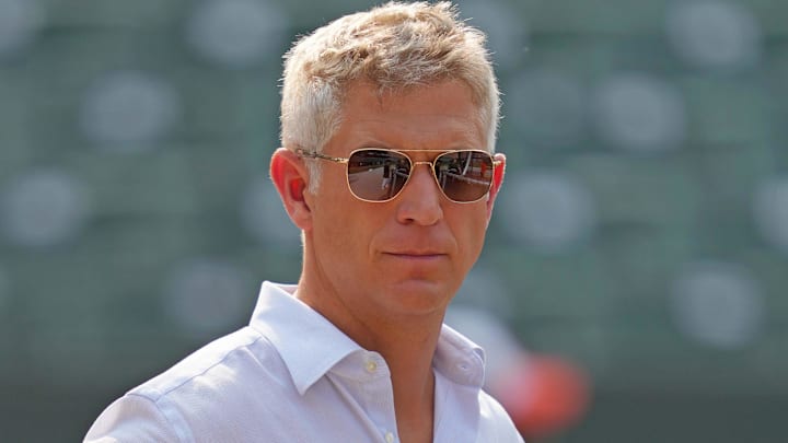 Jul 18, 2023; Baltimore, Maryland, USA; Baltimore Orioles general manager Mike Elias on field prior to the game against the Los Angeles Dodgers at Oriole Park at Camden Yards