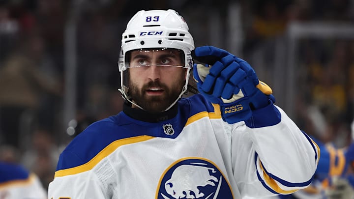 May 1, 2026; Boston, Massachusetts, USA; Buffalo Sabres right wing Alex Tuch (89) points to his goaltender after being congratulated at the bench after scoring against the Boston Bruins during the first period of game six of the first round of the 2026 Stanley Cup Playoffs at TD Garden. Mandatory Credit: Winslow Townson-Imagn Images
