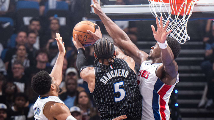 May 1, 2026; Orlando, Florida, USA; Orlando Magic forward Paolo Banchero (5) shoots the ball over Detroit Pistons center Jalen Duren (0) in the second quarter during game six of the first round of the 2026 NBA Playoffs at Kia Center. Mandatory Credit: Jeremy Reper-Imagn Images