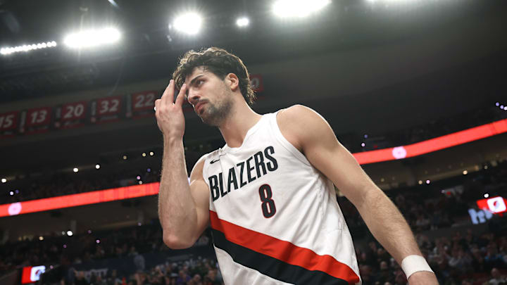 Jan 7, 2026; Portland, Oregon, USA;  Portland Trail Blazers forward Deni Avdija (8)] reacts after scoring against the Houston Rockets during the second half at Moda Center. Mandatory Credit: Jaime Valdez-Imagn Images