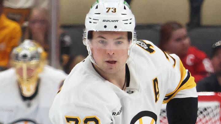 Mar 8, 2026; Pittsburgh, Pennsylvania, USA;  Boston Bruins defenseman Charlie McAvoy (73) skates with the puck against the Pittsburgh Penguins during the third period at PPG Paints Arena. Mandatory Credit: Charles LeClaire-Imagn Images
