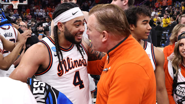 Mar 28, 2026; Houston, TX, USA; Illinois Fighting Illini head coach Brad Underwood and guard Kylan Boswell.