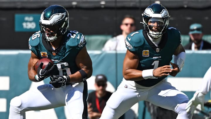Philadelphia Eagles running back Saquon Barkley (26) looks for room to run during the first quarter against the Denver Broncos at Lincoln Financial Field.