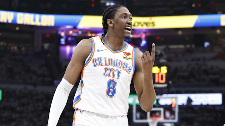 Apr 21, 2024; Oklahoma City, Oklahoma, USA; Oklahoma City Thunder forward Jalen Williams (8) gestures to his bench after a play against the New Orleans Pelicans during the second quarter of game one of the first round for the 2024 NBA playoffs at Paycom Center. Mandatory Credit: Alonzo Adams-Imagn Images Apr 21, 2024; Oklahoma City, Oklahoma, USA; Oklahoma City Thunder forward Jalen Williams (8) gestures to his bench after a play against the New Orleans Pelicans during the second quarter of game one of the first round for the 2024 NBA playoffs at Paycom Center. Mandatory Credit: Alonzo Adams-Imagn Images