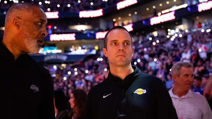 Feb 25, 2024; Phoenix, Arizona, USA; Los Angeles Lakers assistant coach Phil Handy (left) and Jordan Ott against the Phoenix Suns at Footprint Center. Mandatory Credit: Mark J. Rebilas-USA TODAY Sports
