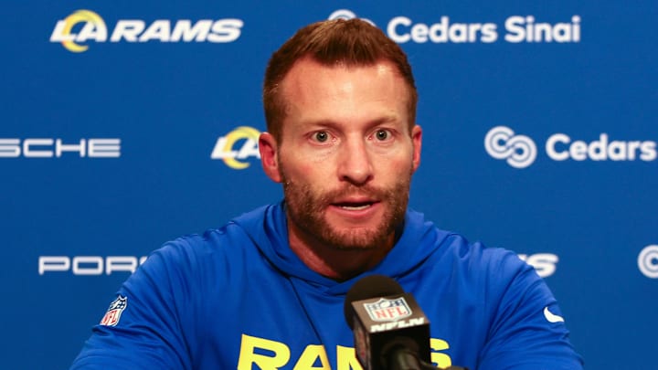 Dec 18, 2025; Seattle, Washington, USA;  Los Angeles Rams head coach Sean McVay speaks in a press conference after a game against the Seattle Seahawks at Lumen Field. Mandatory Credit: Kevin Ng-Imagn Images