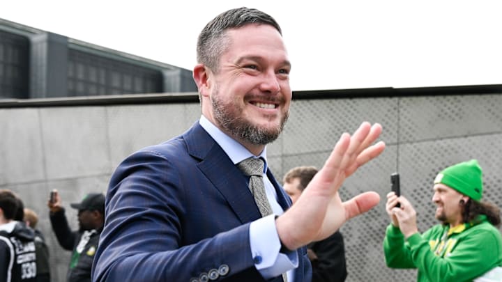 Dec 20, 2025; Eugene, OR, USA;  Oregon Ducks head coach Dan Lanning looks on before the game against the James Madison Dukes at Autzen Stadium. Mandatory Credit: Troy Wayrynen-Imagn Images