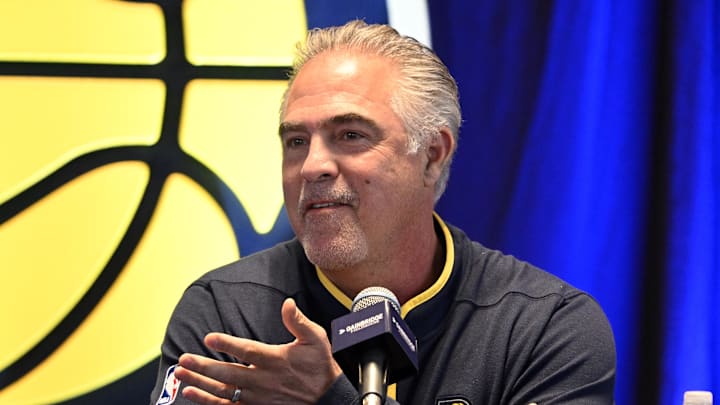 Jan 30, 2023; Indianapolis, IN, USA;  Indiana Pacers president of basketball operations Kevin Pritchard speaks during an Indiana Pacers press conference to announce the contract extension of center Miles Turner at Gainsbridge Fieldhouse.  Mandatory Credit: Marc Lebryk-Imagn Images