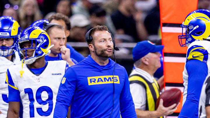 Dec 1, 2024; New Orleans, Louisiana, USA;  Los Angeles Rams head coach Sean McVay reacts to a play against the New Orleans Saints during the first half at Caesars Superdome. Mandatory Credit: Stephen Lew-Imagn Images