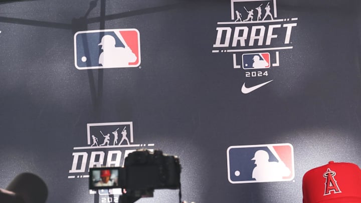 Christian Moore speaks to the media after being selected by the Los Angeles Angels as the eight player taken during the first round of the MLB Draft at Cowtown Coliseum.