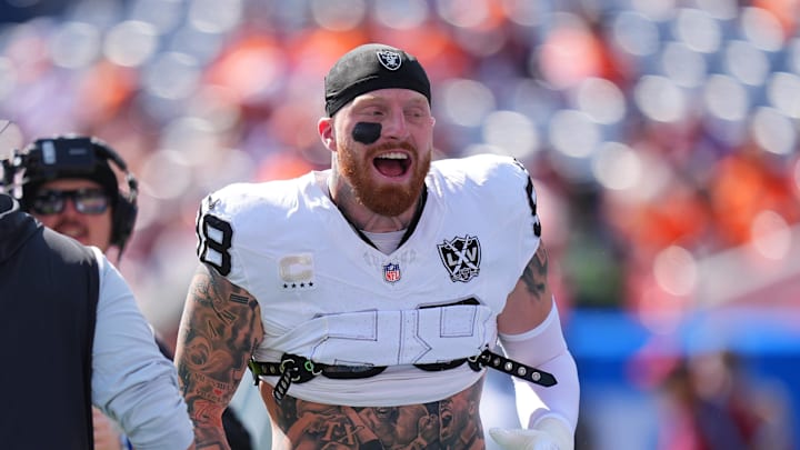 Oct 6, 2024; Denver, Colorado, USA; Las Vegas Raiders defensive end Maxx Crosby (98) before the game against the Denver Broncos at Empower Field at Mile High. Mandatory Credit: Ron Chenoy-Imagn Images