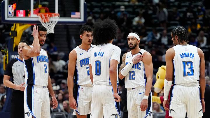 Feb 6, 2025; Denver, Colorado, USA; Orlando Magic guard Caleb Houstan (2), forward Tristan da Silva (23), guard Anthony Black (0), guard Trevelin Queen (12) and guard Jett Howard (13) huddle in the fourth quarter against the Denver Nuggets at Ball Arena. Mandatory Credit: Ron Chenoy-Imagn Images Feb 6, 2025; Denver, Colorado, USA; Orlando Magic guard Caleb Houstan (2), forward Tristan da Silva (23), guard Anthony Black (0), guard Trevelin Queen (12) and guard Jett Howard (13) huddle in the fourth quarter against the Denver Nuggets at Ball Arena. Mandatory Credit: Ron Chenoy-Imagn Images