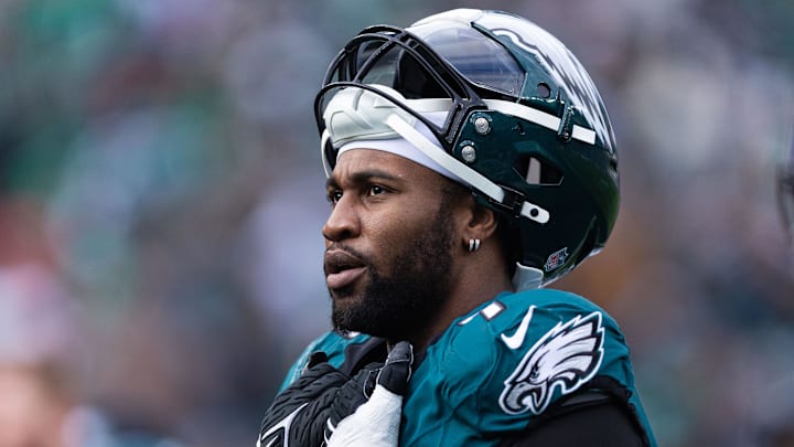 Dec 31, 2023; Philadelphia, Pennsylvania, USA; Philadelphia Eagles linebacker Haason Reddick (7) looks on during the second quarter against the Arizona Cardinals at Lincoln Financial Field. Mandatory Credit: Bill Streicher-Imagn Images
