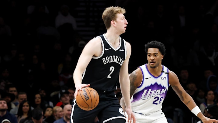 Dec 4, 2025; Brooklyn, New York, USA; Brooklyn Nets forward Danny Wolf (2) dribbles the ball against Utah Jazz forward Brice Sensabaugh (28) during the fourth quarter at Barclays Center. Mandatory Credit: Tom Horak-Imagn Images Dec 4, 2025; Brooklyn, New York, USA; Brooklyn Nets forward Danny Wolf (2) dribbles the ball against Utah Jazz forward Brice Sensabaugh (28) during the fourth quarter at Barclays Center. Mandatory Credit: Tom Horak-Imagn Images