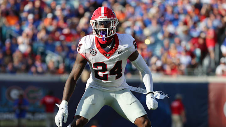 Oct 28, 2023; Jacksonville, Florida, USA; Georgia Bulldogs defensive back Malaki Starks (24) against the Florida Gators during the first half at EverBank Stadium.