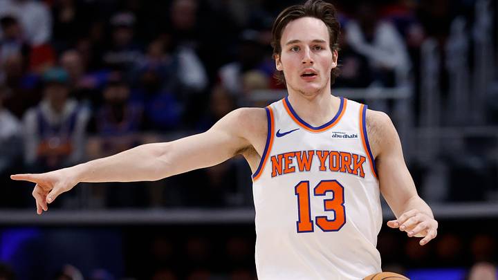 Jan 5, 2026; Detroit, Michigan, USA;  New York Knicks guard Tyler Kolek (13) dribbles in the first half against the Detroit Pistons at Little Caesars Arena. Mandatory Credit: Rick Osentoski-Imagn Images