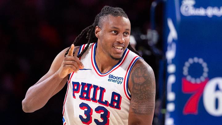 Oct 24, 2026; Philadelphia, Pennsylvania, USA; Philadelphia 76ers forward Jabari Walker (33) reacts after a score against the Milwaukee Bucks during the third quarter at Xfinity Mobile Arena. 