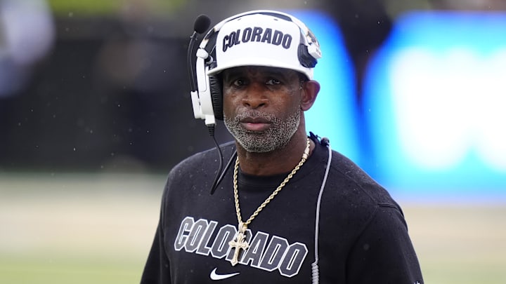 Oct 11, 2025; Boulder, Colorado, USA; Colorado Buffaloes head coach Deion Sanders during the first quarter against the Iowa State Cyclones at Folsom Field. Mandatory Credit: Ron Chenoy-Imagn Images