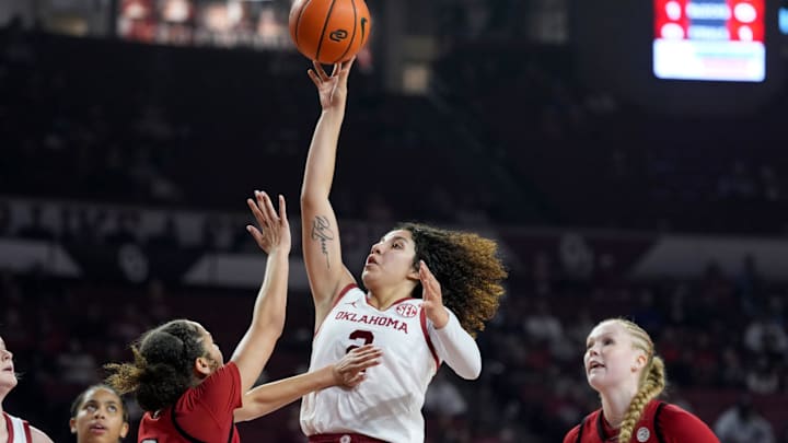 Oklahoma Sooners guard Aaliyah Chavez (2) shoots over NC State Wolfpack guard Devyn Quigley (0) during a women's college basketball game between the University of Oklahoma Sooners (OU) and the NC State Wolfpack at Lloyd Noble Center in Norman, Okla., Wednesday, Dec. 3, 2025.