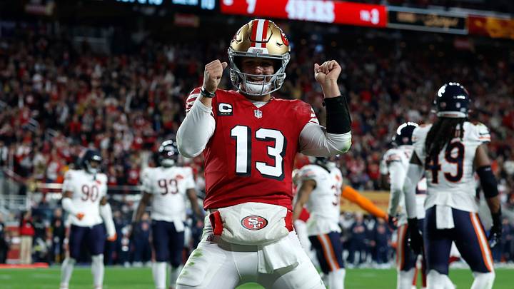 Dec 28, 2025; Santa Clara, California, USA; San Francisco 49ers quarterback Brock Purdy (13) celebrates after scoring a touchdown against the Chicago Bears in the first half at Levi's Stadium. Mandatory Credit: Sergio Estrada-Imagn Images Dec 28, 2025; Santa Clara, California, USA; San Francisco 49ers quarterback Brock Purdy (13) celebrates after scoring a touchdown against the Chicago Bears in the first half at Levi's Stadium. Mandatory Credit: Sergio Estrada-Imagn Images