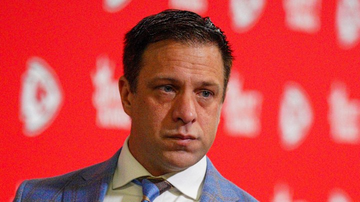 Nov 10, 2024; Kansas City, Missouri, USA; Kansas City Chiefs general manager Brett Veach arrives to the stadium prior to a game against the Denver Broncos at GEHA Field at Arrowhead Stadium. Mandatory Credit: Denny Medley-Imagn Images
