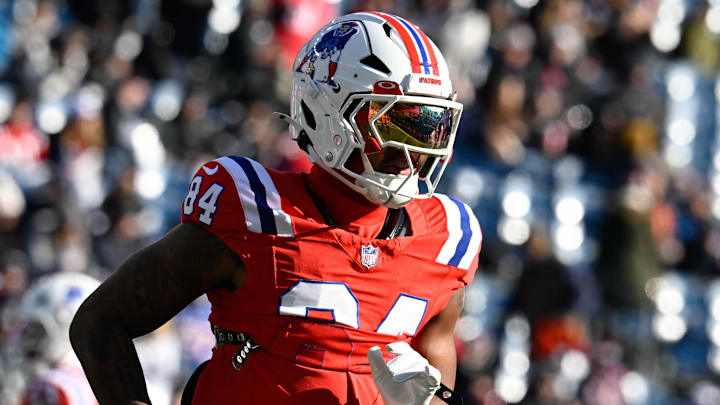 Dec 1, 2024; Foxborough, Massachusetts, USA; New England Patriots wide receiver Kendrick Bourne (84) warms up before a game against the Indianapolis Colts at Gillette Stadium. Mandatory Credit: Eric Canha-Imagn Images