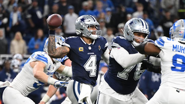 Dallas Cowboys quarterback Dak Prescott throws during the second half against the Detroit Lions at Ford Field.