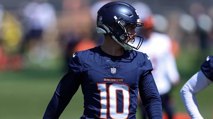 May 23, 2024; Englewood, CO, USA; Denver Broncos quarterback Bo Nix (10) during organized team activities at Centura Health Training Center. 
