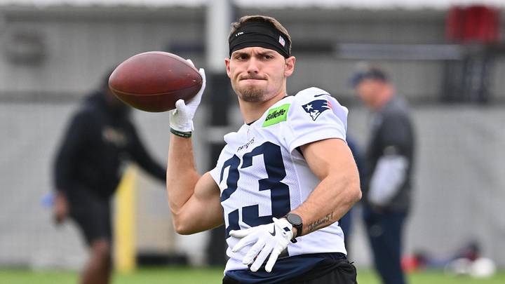 May 9, 2026; Foxborough, MA, USA; New England Patriots wide receiver Nick DeGennaro (23) warms up at the New England Patriots rookie camp at Gillette Stadium. Mandatory Credit: Eric Canha-Imagn Images