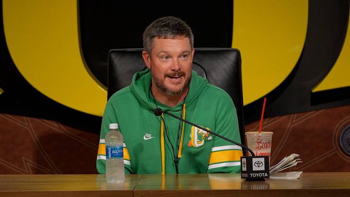 Oregon football coach Dan Lanning speaks during a press availability on Aug. 26, 2026, at the Hatfield-Dowlin Complex in Eugene.