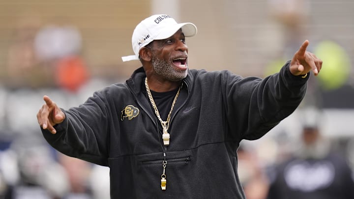 Oct 11, 2025; Boulder, Colorado, USA; Colorado Buffaloes head coach Deion Sanders before the game against the Iowa State Cyclones at Folsom Field. Mandatory Credit: Ron Chenoy-Imagn Images