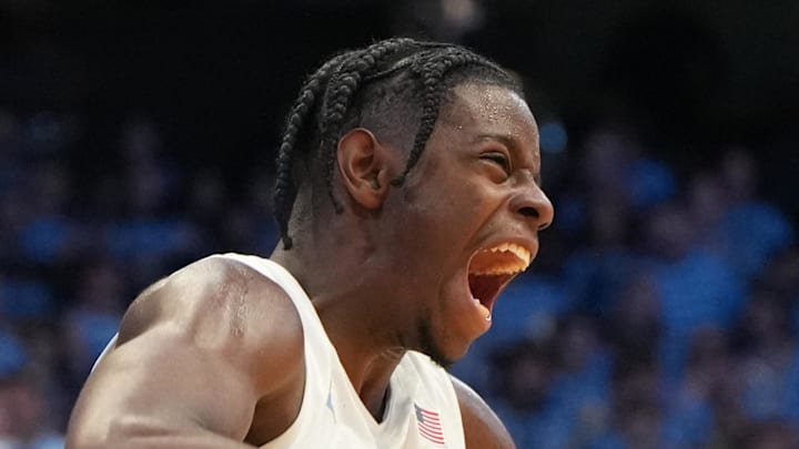 Jan 21, 2026; Chapel Hill, North Carolina, USA; North Carolina Tar Heels forward Caleb Wilson (8) reacts in the second half at Dean E. Smith Center. Mandatory Credit: Bob Donnan-Imagn Images