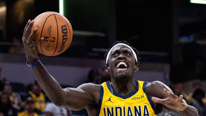 Indiana Pacers forward Pascal Siakam shoots the ball while Cleveland Cavaliers guard Jaylon Tyson defends Indiana Pacers forward Pascal Siakam shoots the ball while Cleveland Cavaliers guard Jaylon Tyson defends