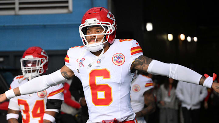 Dec 21, 2025; Nashville, Tennessee, USA; Kansas City Chiefs safety Bryan Cook (6) warms up before a game against the Tennessee Titans at Nissan Stadium. Mandatory Credit: Steve Roberts-Imagn Images