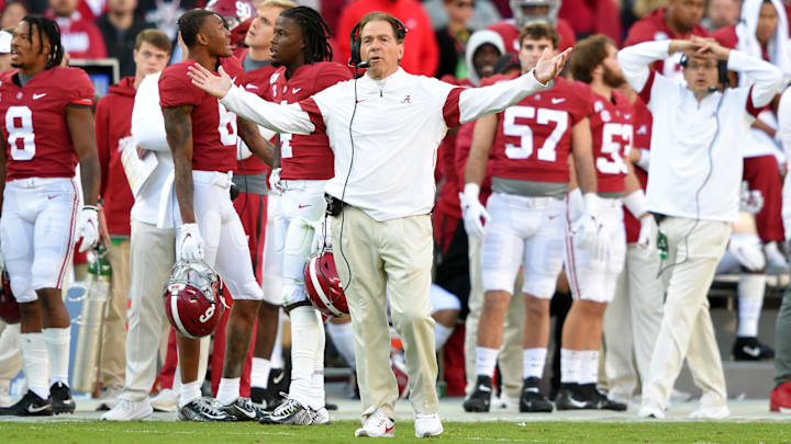 Nov 9, 2019; Tuscaloosa, AL, USA; Alabama Crimson Tide head coach Nick Saban reacts to an officials spot of the ball on a 4th down play during the second quarter against the LSU Tigers at Bryant-Denny Stadium. Mandatory Credit: John David Mercer-Imagn Images