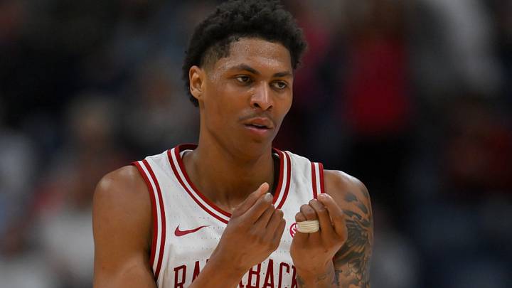 Arkansas Razorbacks guard Meleek Thomas (1) reacts after a made three point basket during the second half at Bridgestone Arena.