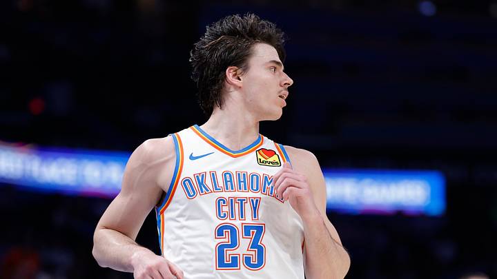 Apr 12, 2026; Oklahoma City, Oklahoma, USA; Oklahoma City Thunder forward Brooks Barnhizer (23) runs down the court against the Phoenix Suns during the second half at Paycom Center. Mandatory Credit: Alonzo Adams-Imagn Images