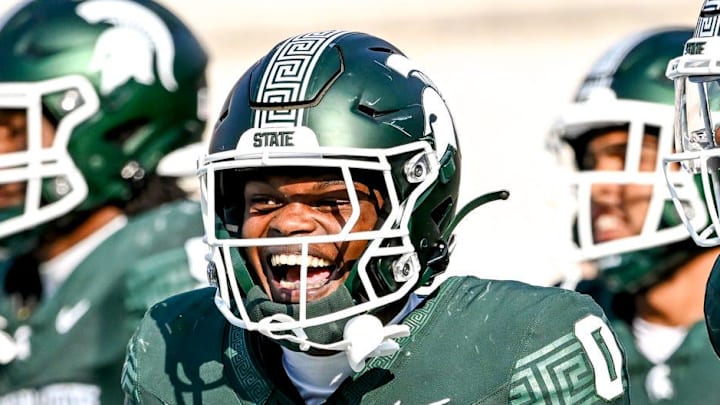 Michigan State's Charles Brantley, left, celebrates with Ken Talley after an interception against Prairie View A&M during the second quarter on Saturday, Sept. 14, 2024, at Spartan Stadium in East Lansing. Brantley's interception was called back on a penalty. Michigan State's Charles Brantley, left, celebrates with Ken Talley after an interception against Prairie View A&M during the second quarter on Saturday, Sept. 14, 2024, at Spartan Stadium in East Lansing. Brantley's interception was called back on a penalty.