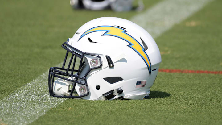 Jul 29, 2018; Costa Mesa, CA, USA; Los Angeles Chargers helmets on the field during training camp at Jack R. Hammett Sports Complex. Mandatory Credit: Kirby Lee-Imagn Images Jul 29, 2018; Costa Mesa, CA, USA; Los Angeles Chargers helmets on the field during training camp at Jack R. Hammett Sports Complex. Mandatory Credit: Kirby Lee-Imagn Images