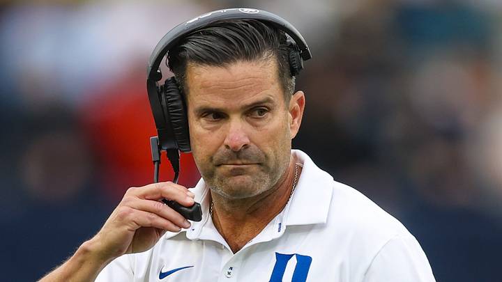 Oct 10, 2026; Atlanta, Georgia, USA; Duke Blue Devils head coach Manny Diaz talks to a referee against the Georgia Tech Yellow Jackets in the second quarter at Bobby Dodd Stadium at Hyundai Field. Mandatory Credit: Brett Davis-Imagn Images