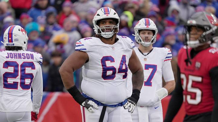 Buffalo Bills guard O'Cyrus Torrence gets ready to line up for the next play during second-half action against the Tampa Bay Buccaneers on Nov 16, 2025 at Highmark Stadium in Orchard Park. Buffalo Bills guard O'Cyrus Torrence gets ready to line up for the next play during second-half action against the Tampa Bay Buccaneers on Nov 16, 2025 at Highmark Stadium in Orchard Park.