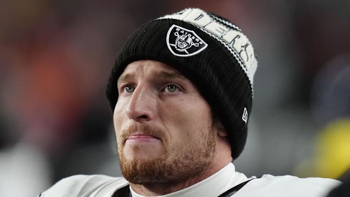 Nov 6, 2025; Denver, Colorado, USA; Las Vegas Raiders running back Dylan Laube (23) during the second half at Empower Field at Mile High. Mandatory Credit: Ron Chenoy-Imagn Images