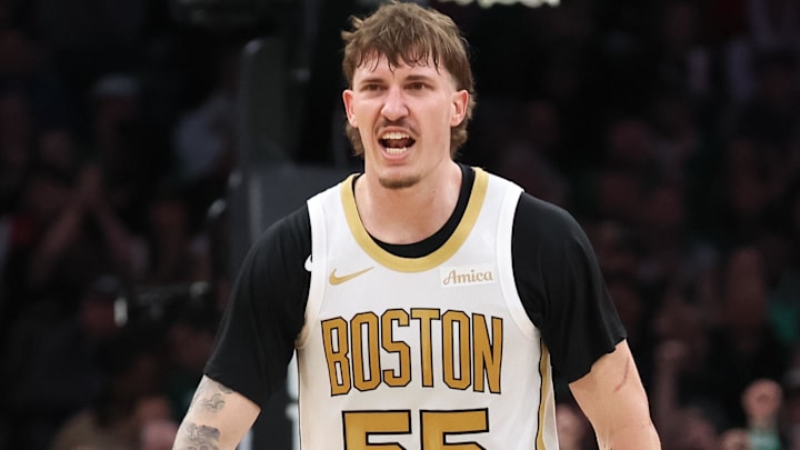Apr 12, 2026; Boston, Massachusetts, USA; Boston Celtics guard Baylor Scheierman (55) reacts during the second half against the Orlando Magic at TD Garden. Mandatory Credit: Paul Rutherford-Imagn Images