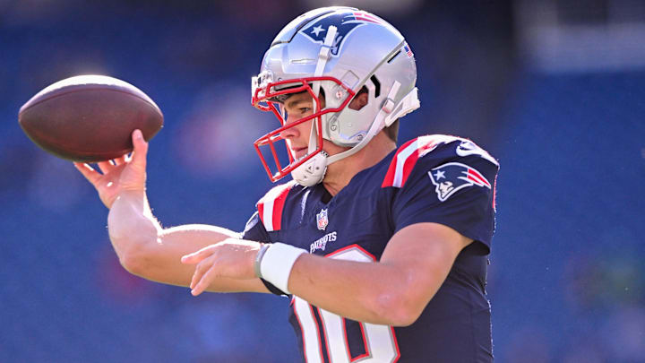 Oct 27, 2024; Foxborough, Massachusetts, USA; New England Patriots quarterback Drake Maye (10) throws the ball during warmups before a game against the New York Jets at Gillette Stadium. Mandatory Credit: Brian Fluharty-Imagn Images