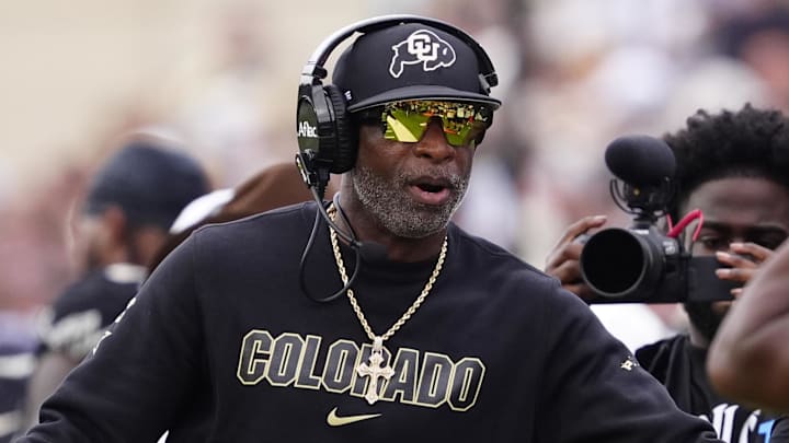 Sep 6, 2025; Boulder, Colorado, USA; Colorado Buffaloes head coach Deion Sanders during the second half against the Delaware Fightin Blue Hens at Folsom Field. Sep 6, 2025; Boulder, Colorado, USA; Colorado Buffaloes head coach Deion Sanders during the second half against the Delaware Fightin Blue Hens at Folsom Field.